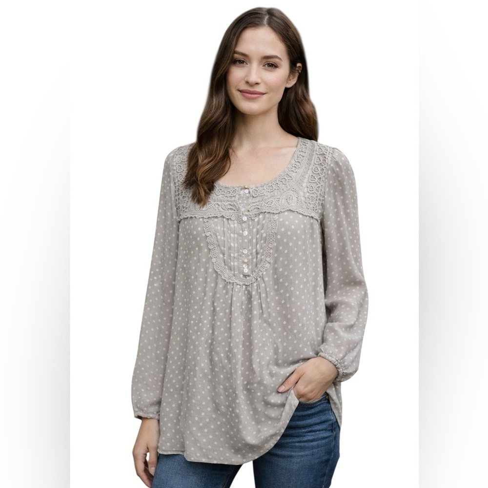 Daniel Rainn Polka Dot Lace Peasant Blouse Boho Romantic Size L